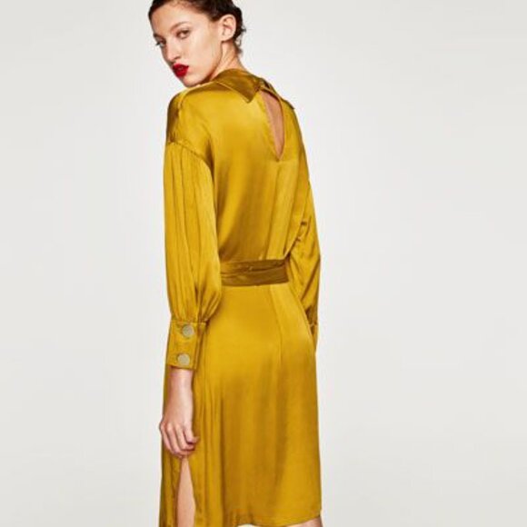 ✨ ZARA Mustard Gold Satin Belted Mini Dress ✨ - Picture 4 of 13